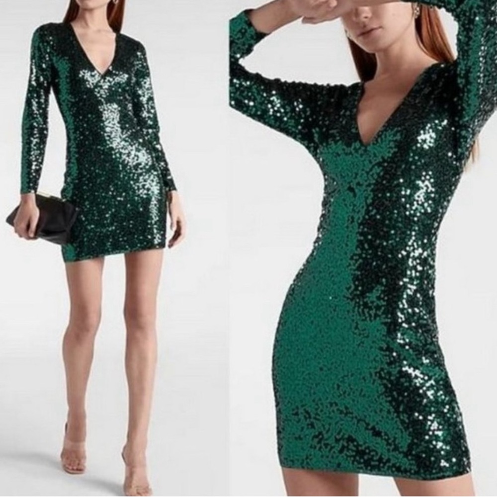 Express V-Neck Green Sequin Dress NWT Small